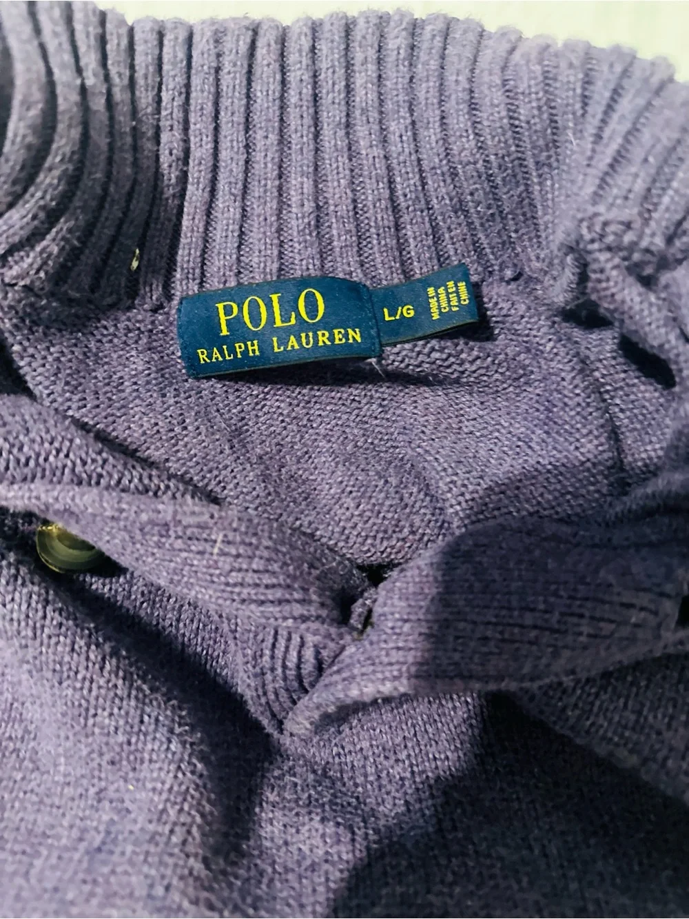 Vintage Ralph Lauren Men's Purple Shawl-Collar Zip-Button Sweater